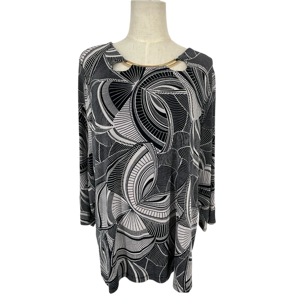 Chicos Travelers Black White Geometric Print Gold‎ Neckline Tunic Top Sz 3 US 16